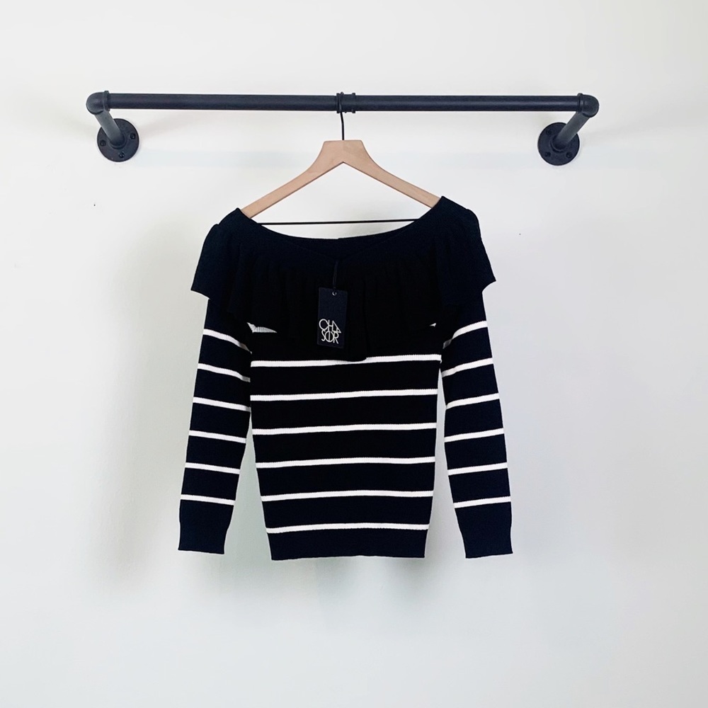 NWT Chaser Ruffle Striped Rib Off Shoulder Sweater - Picture 3 of 6